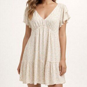 Mahina Floral V-Neck Babydoll Dress Flutter Sleeve Tiered Boho Women’s Small